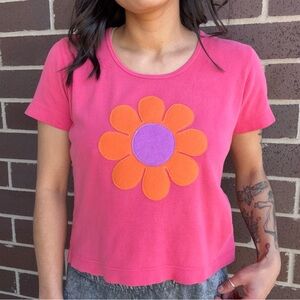 70s Inspired Retro Floral Patched Vintage Scoop Neck Pink Top Women’s M